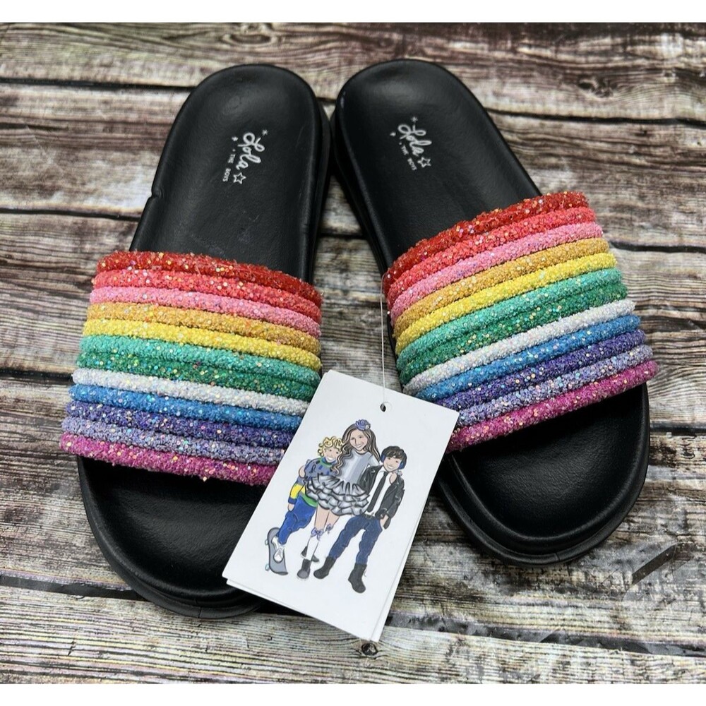 Lola + The Boys Black Glitter Rainbow Slides Sandals Flip Flops 36 Size US 5Y